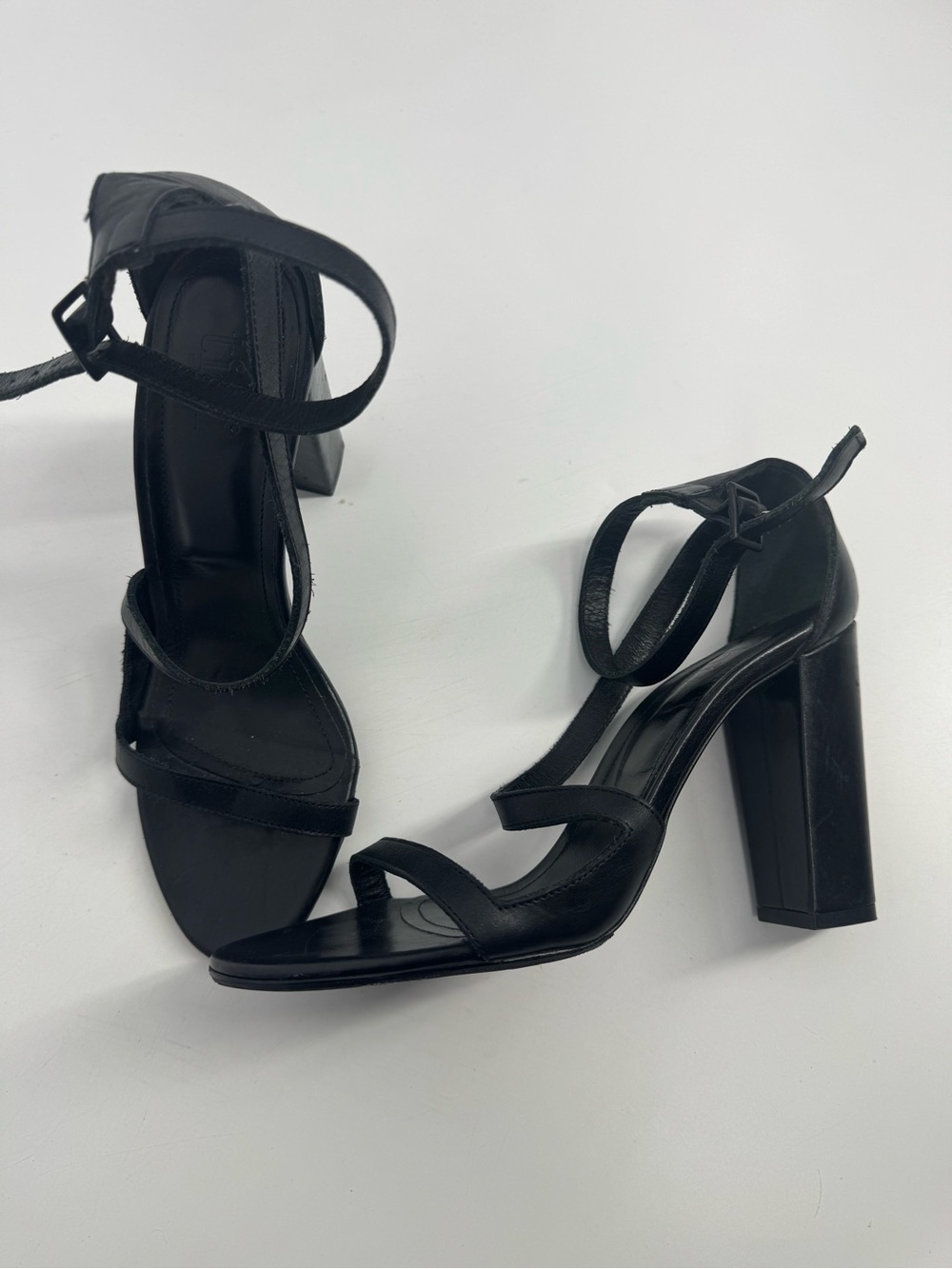 Tibi Multi-Strap Sandals Black Ankle Strap Leather Block Heels Size 38
